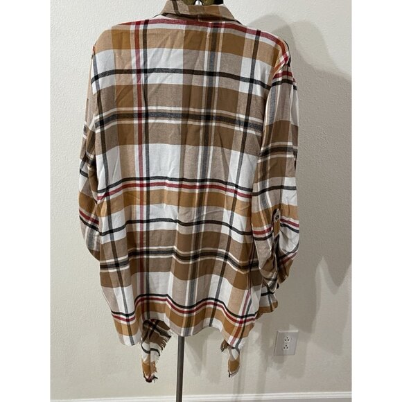 Maurices Womens 1X Open Blouse Plaid Fringe Roll Tab Sleeves - Picture 9 of 11
